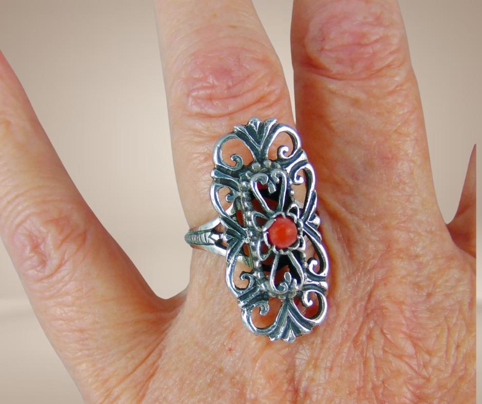 Prachtige 800 zilver ART DECO antieke ring koraal M17/17,5!, Verzenden, Zo goed als nieuw, X, Met edelsteen