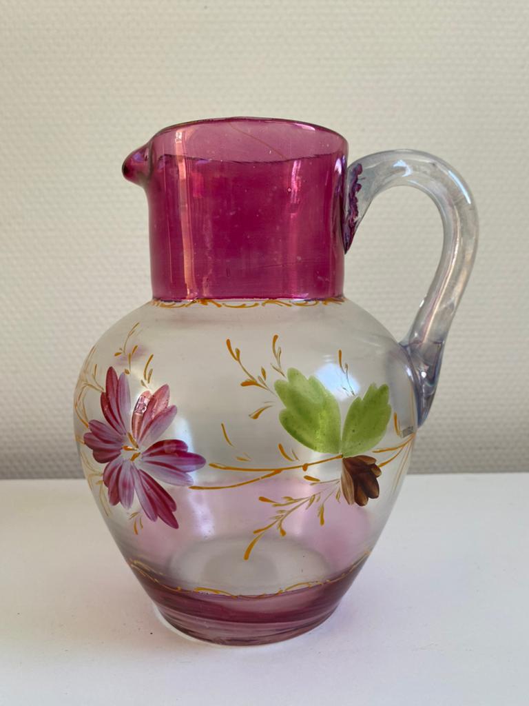 Voctoriaanse glazen kan handbeschilderd emaille.  Cranberry, Antiek en Kunst, Antiek | Glas en Kristal, Ophalen of Verzenden