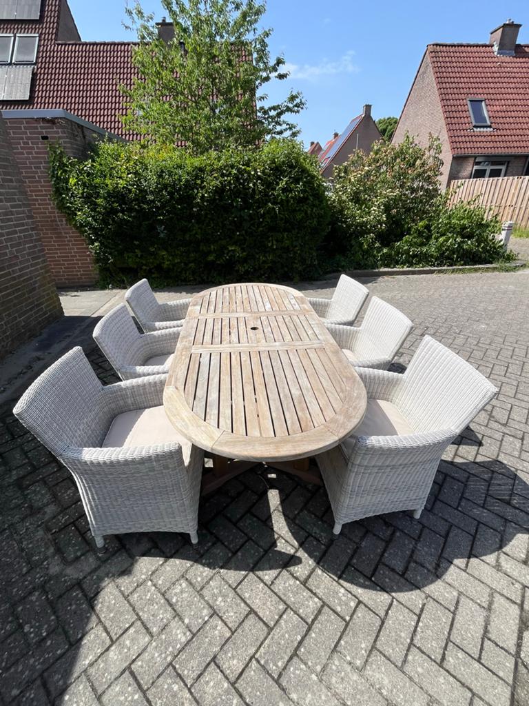 Teakhouten tuintafel met 6 stoelen, Ophalen, Gebruikt, Eettafel, 6 zitplaatsen