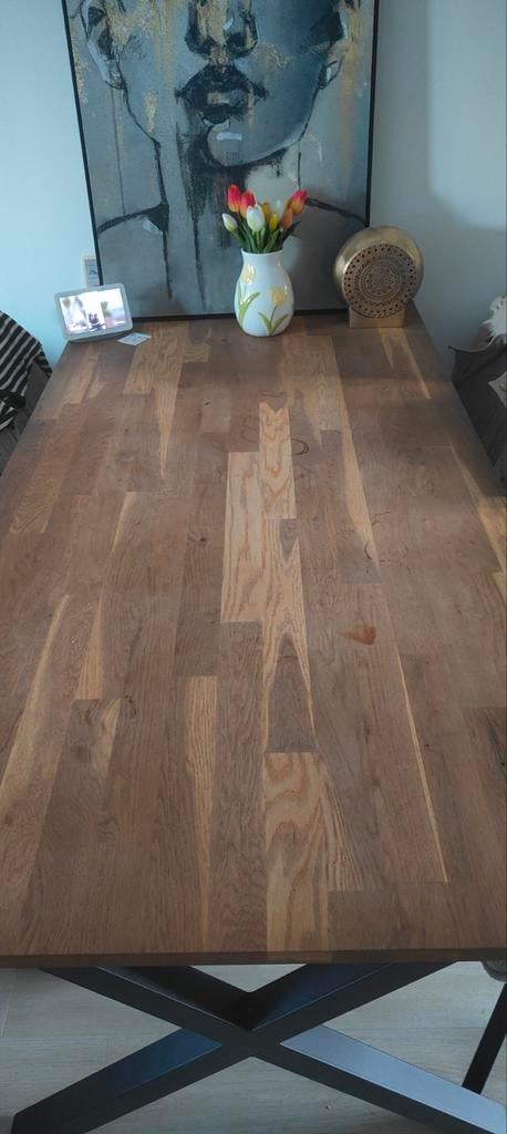 Eikenhouten eettafel met metalen onderstel, Huis en Inrichting, Tafels | Eettafels, Ophalen, Gebruikt, 50 tot 100 cm, 150 tot 200 cm