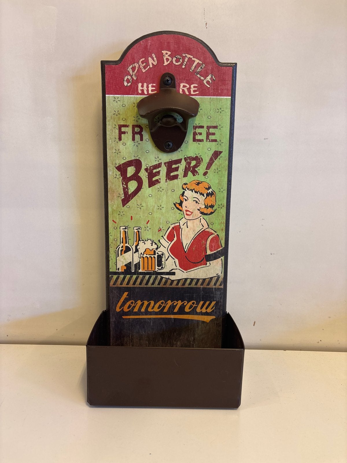 Vintage Flesopener Wanddecoratie met Opvangbakje, Ophalen, Gebruikt, Meerkleurig, Vintage