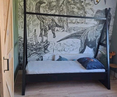 Tipi bed inclusief lattenbodem en matras, Ophalen, 90 cm, Eenpersoons, Zwart