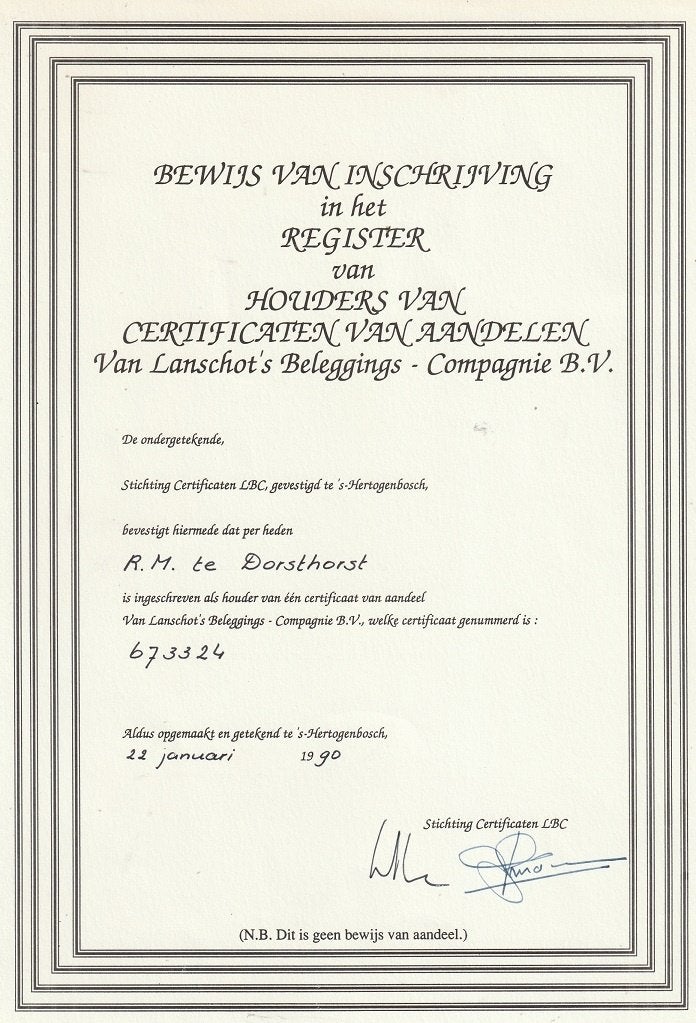 Van Lanschot Beleggings-Compagnie BV Cert v Aandeel RARE, Verzenden, 1970 tot heden, Certificaat van aandeel