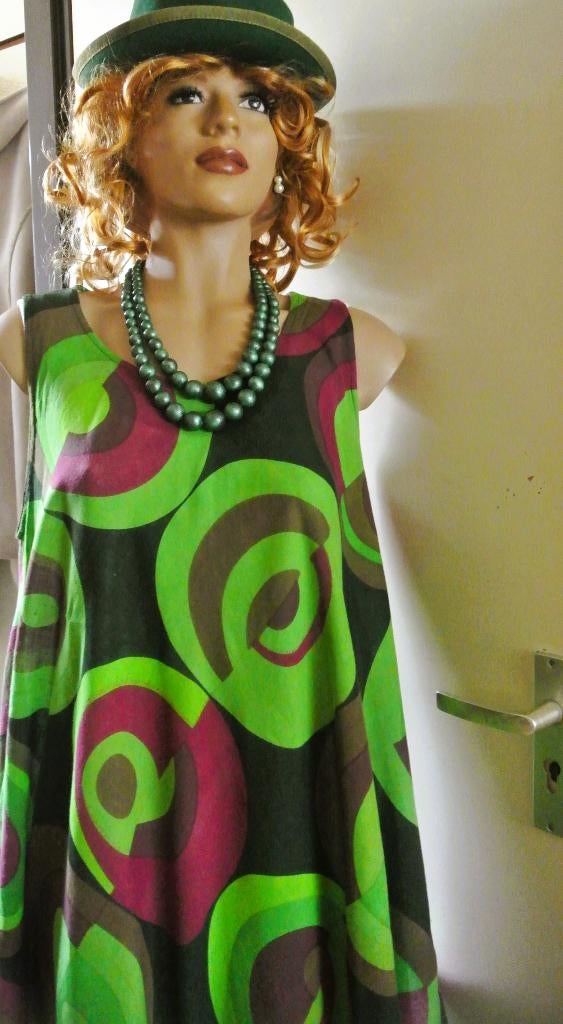 Zomer India tuniek/jurk a lijn print groen vintage M/L, Maat 42/44 (L), Ophalen of Verzenden, Made in India, Gedragen