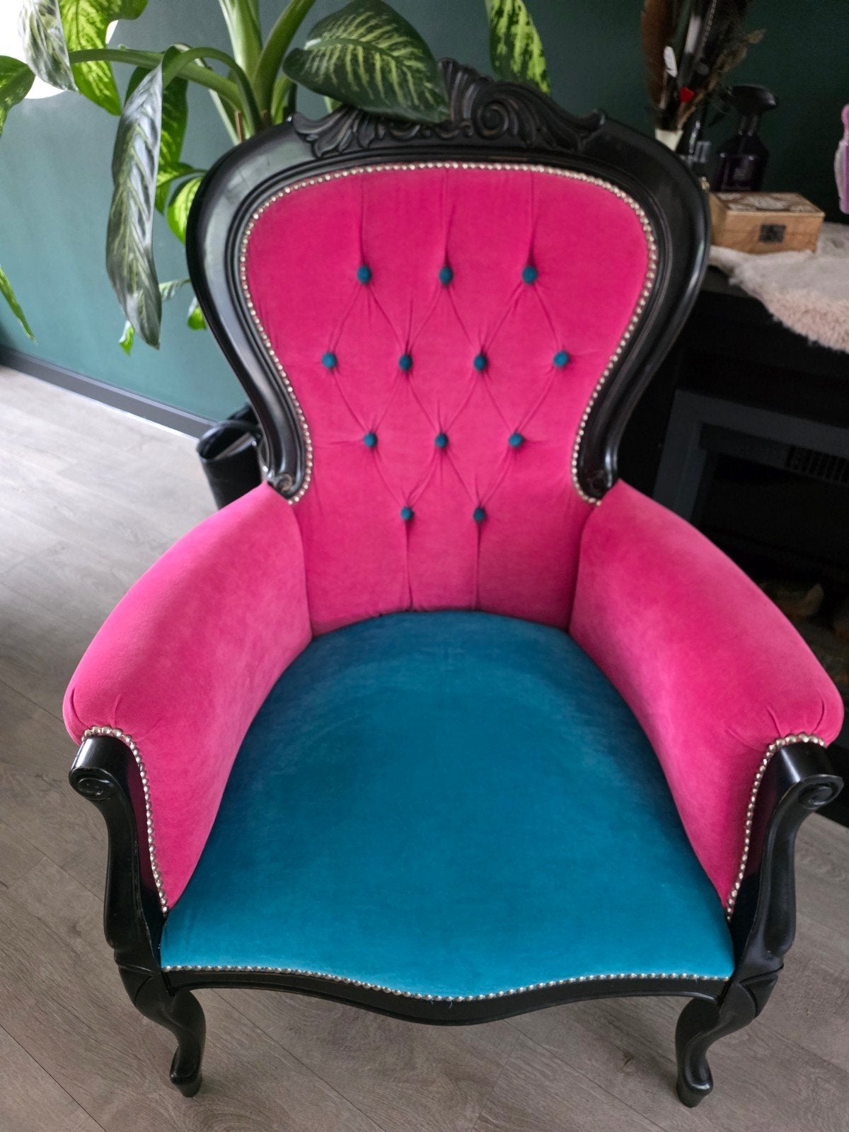 Prachtige barok fauteuil / troonstoel roze & petrol, Ophalen