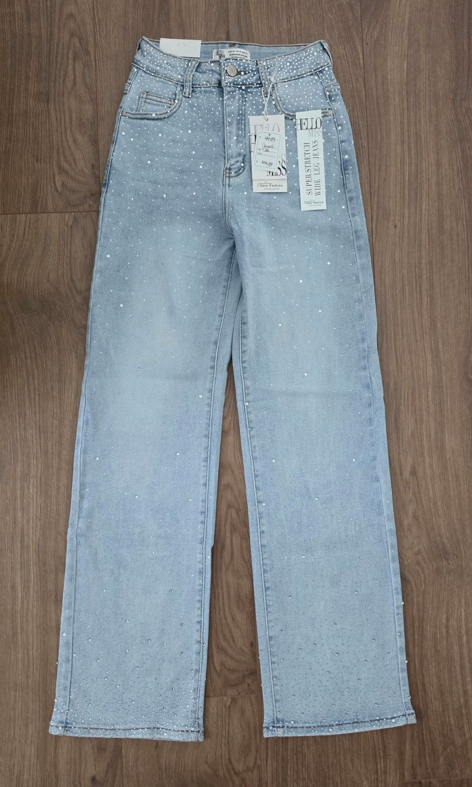 wide leg jeans mt 42 met glitters nieuw nu €34,99 hello miss, Ophalen of Verzenden, Nieuw, Blauw, W33 - W36 (confectie 42/44)