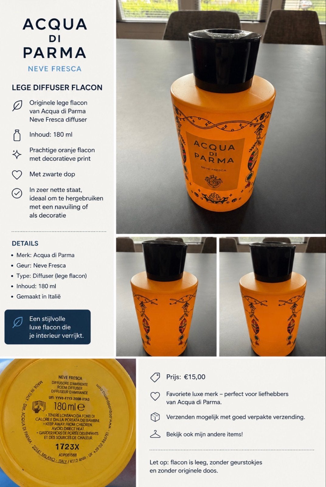 Acqua di Parma Neve Fresca Diffuser Flacon (Leeg), Ophalen of Verzenden, Zo goed als nieuw, Glas, Oranje