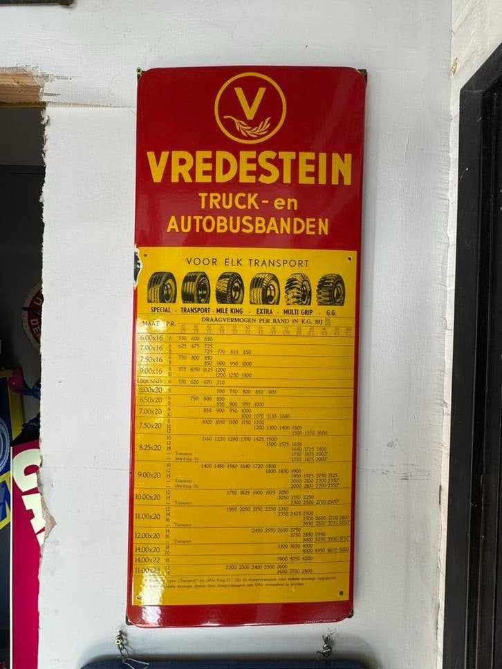 Vintage Vredestein Emaille Reclamebord Truck- en Autobanden, Antiek en Kunst, Ophalen