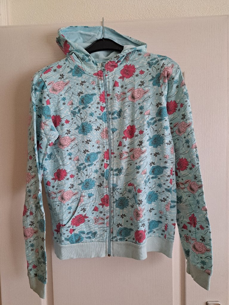 Lichtblauw meisjes vest roze bloemen capuchon maat 170 176, Ophalen of Verzenden, Zo goed als nieuw, Meisje, Trui of Vest