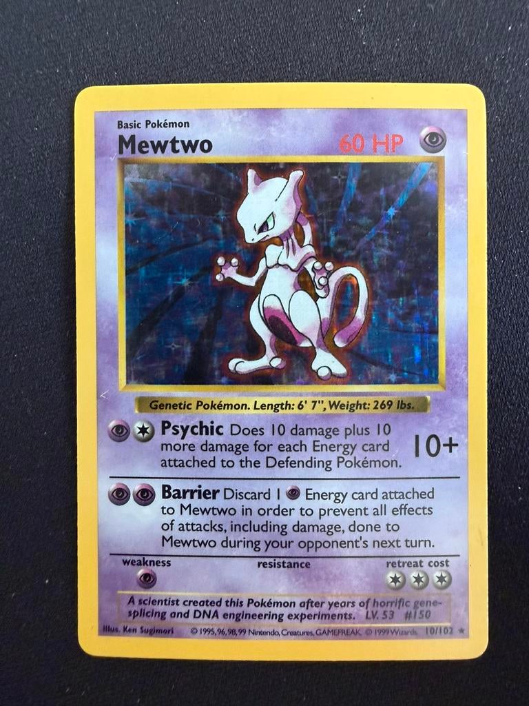 Shadowless Mewtwo Holo Base Set 10/102, Ophalen of Verzenden, Gebruikt, Losse kaart, Foil