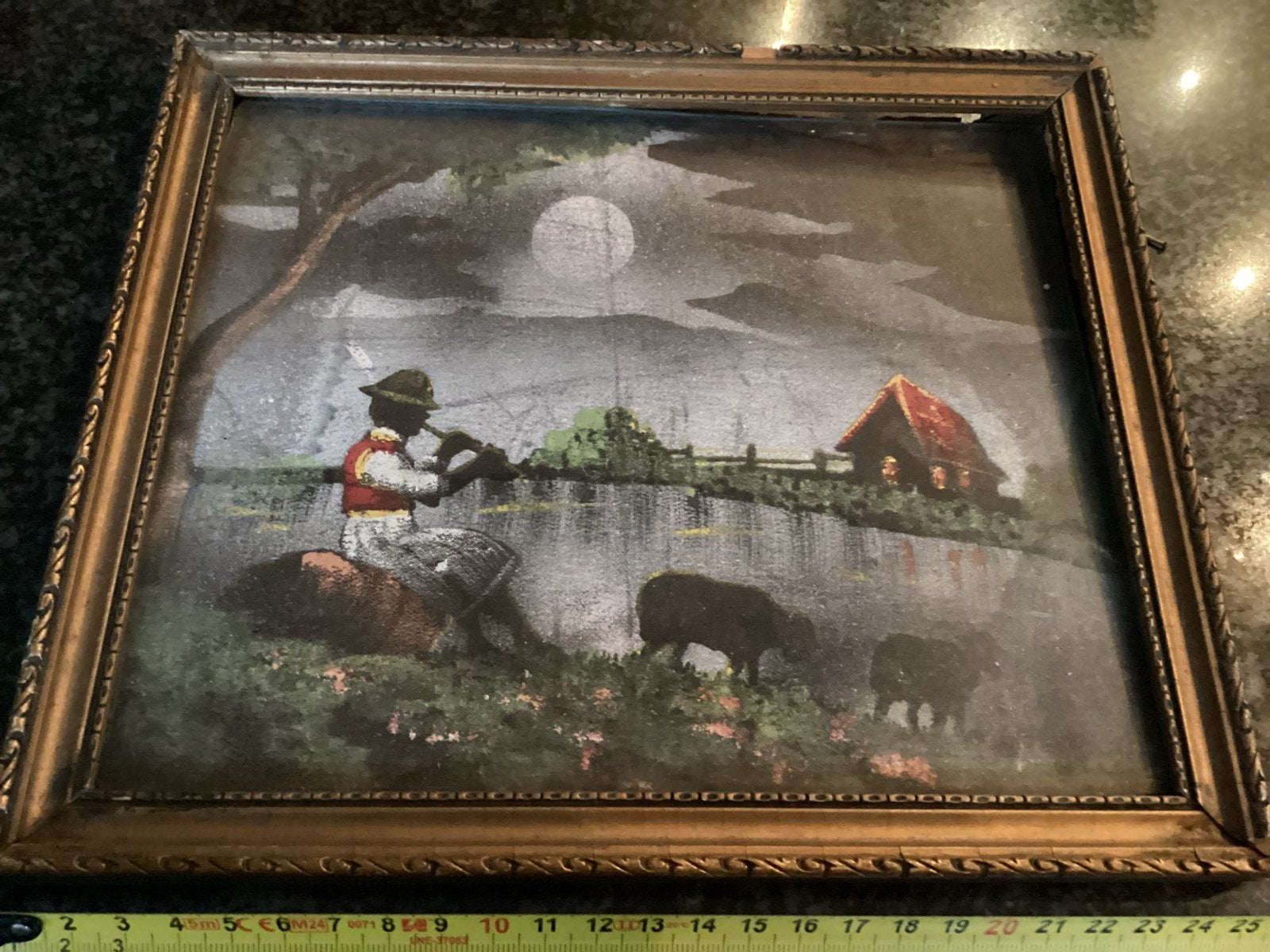 Oud schilderij: Fluitspeler bij maanlicht met schapen, Doek, Ophalen of Verzenden, Landschap, Olieverf