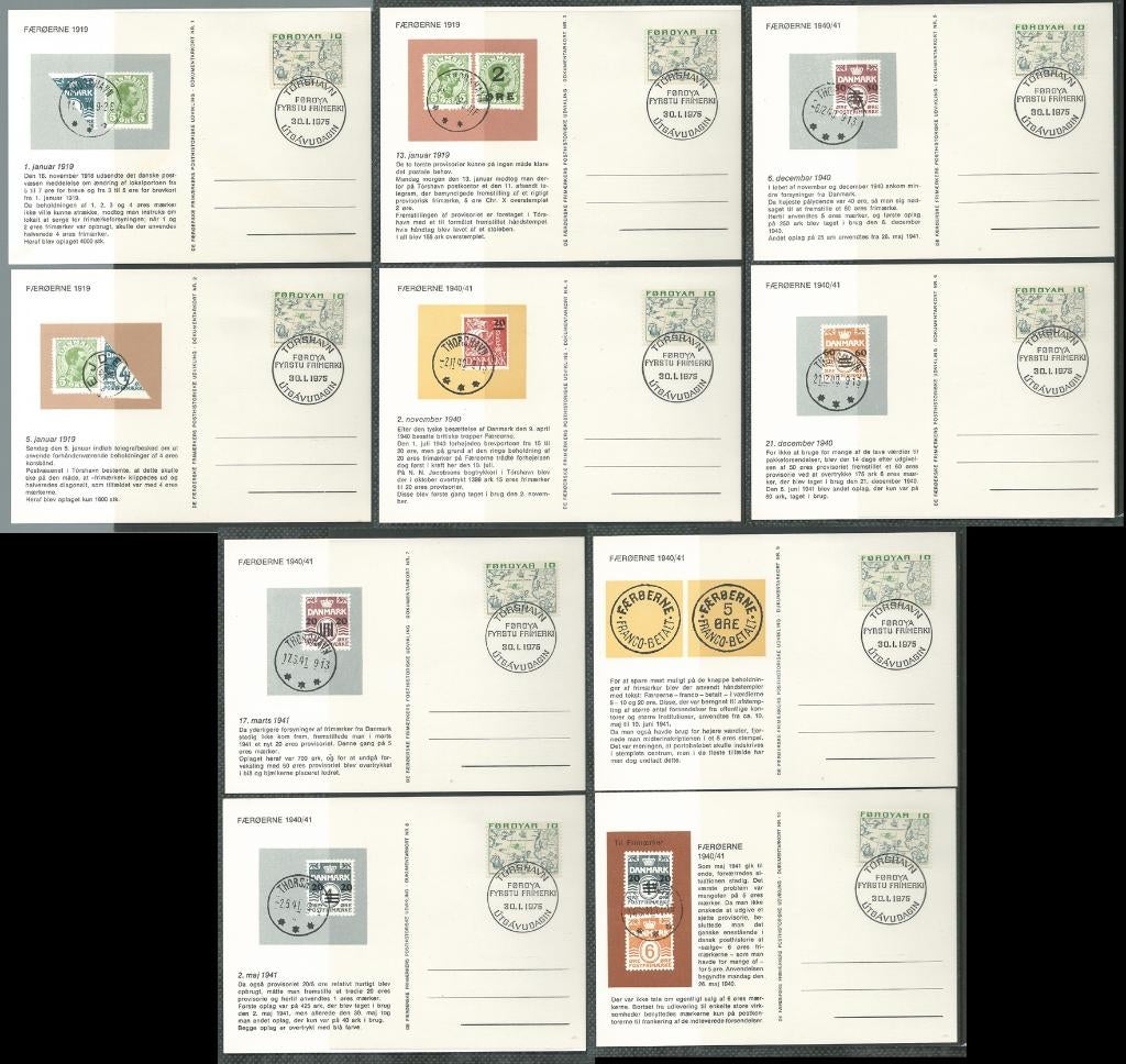 FAROER 1975 Komplete set van 10 documentatie kaarten No:1-10, Verzenden, Denemarken, Gestempeld