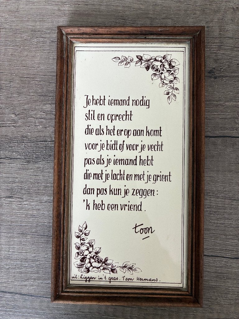 tekst tegel met spreuk Toon Hermans, Gebruikt, Met ophangmogelijkheid, 21 cm, Ophalen of Verzenden