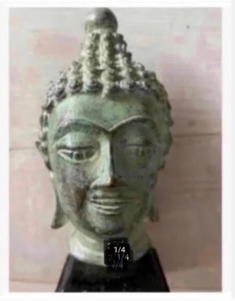 Bronzen beeld Thailand hoofd op houten voet 15 cm, Ophalen of Verzenden