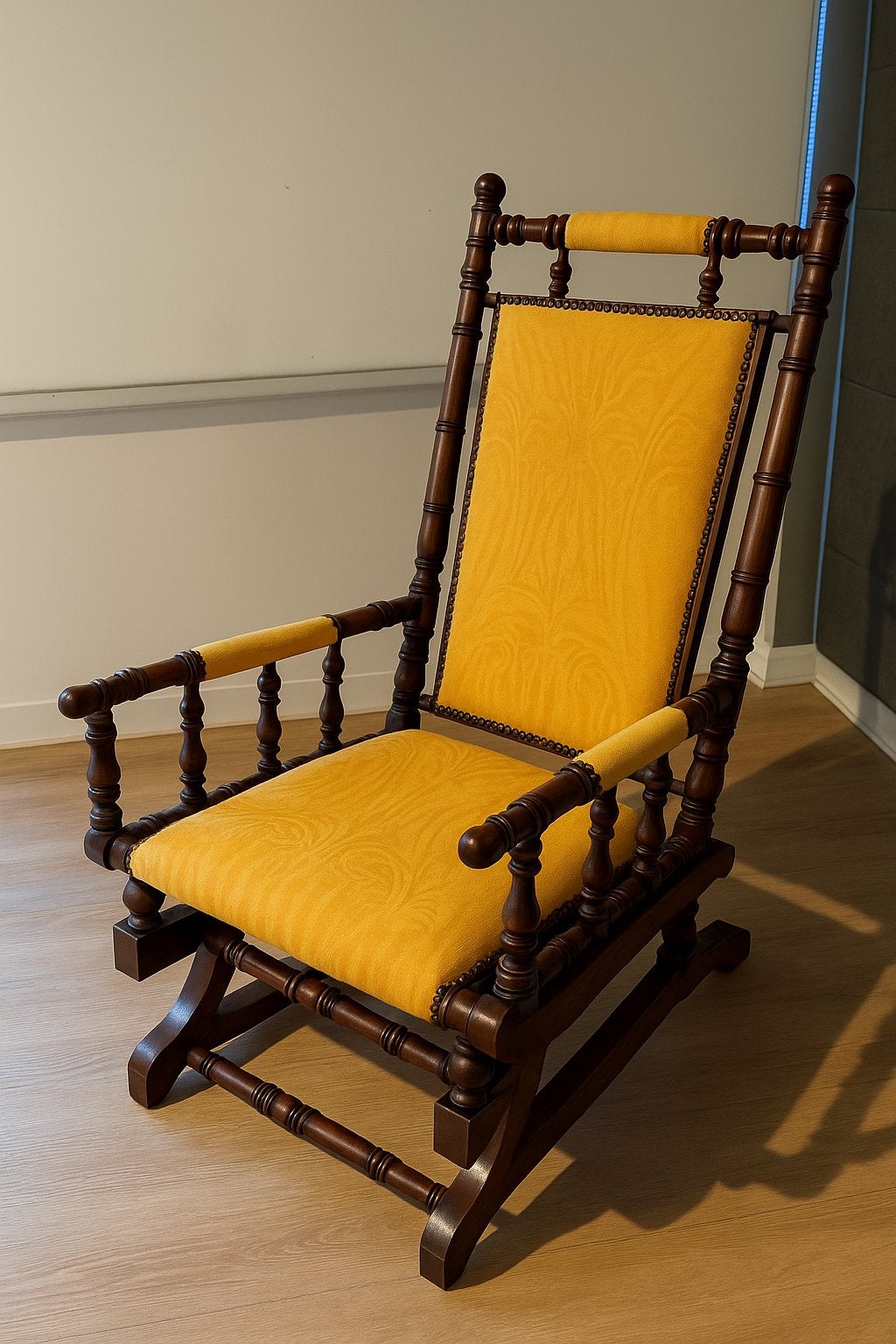Antieke/vintage houten schommelstoel – opnieuw gestoffeerd, Ophalen