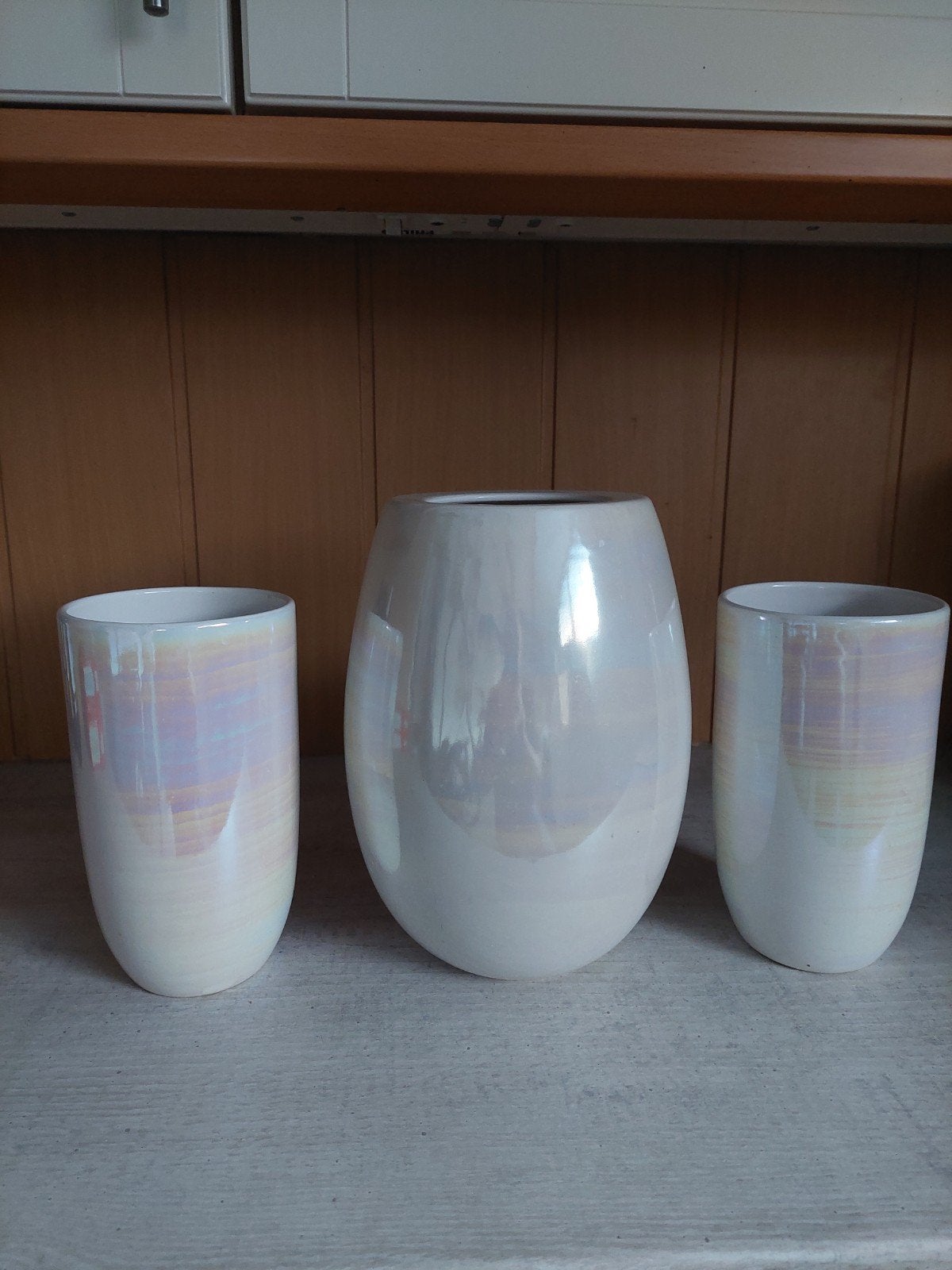 Set van 3 parelmoer vazen/potten - Wit/Meerkleurig, Ophalen, Zo goed als nieuw, Met patroon/structuur, Wit