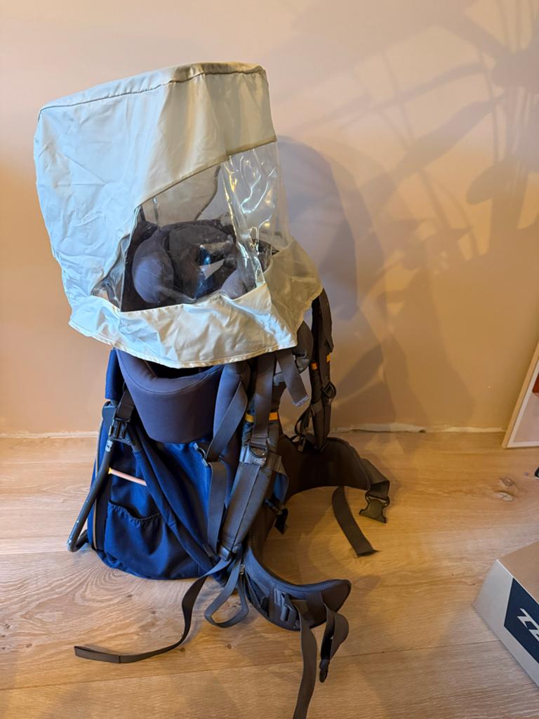 Vaude Sport kinderdraagzak met zonnekap en regenhoes, Gebruikt, Rug, Draagzak, Ophalen