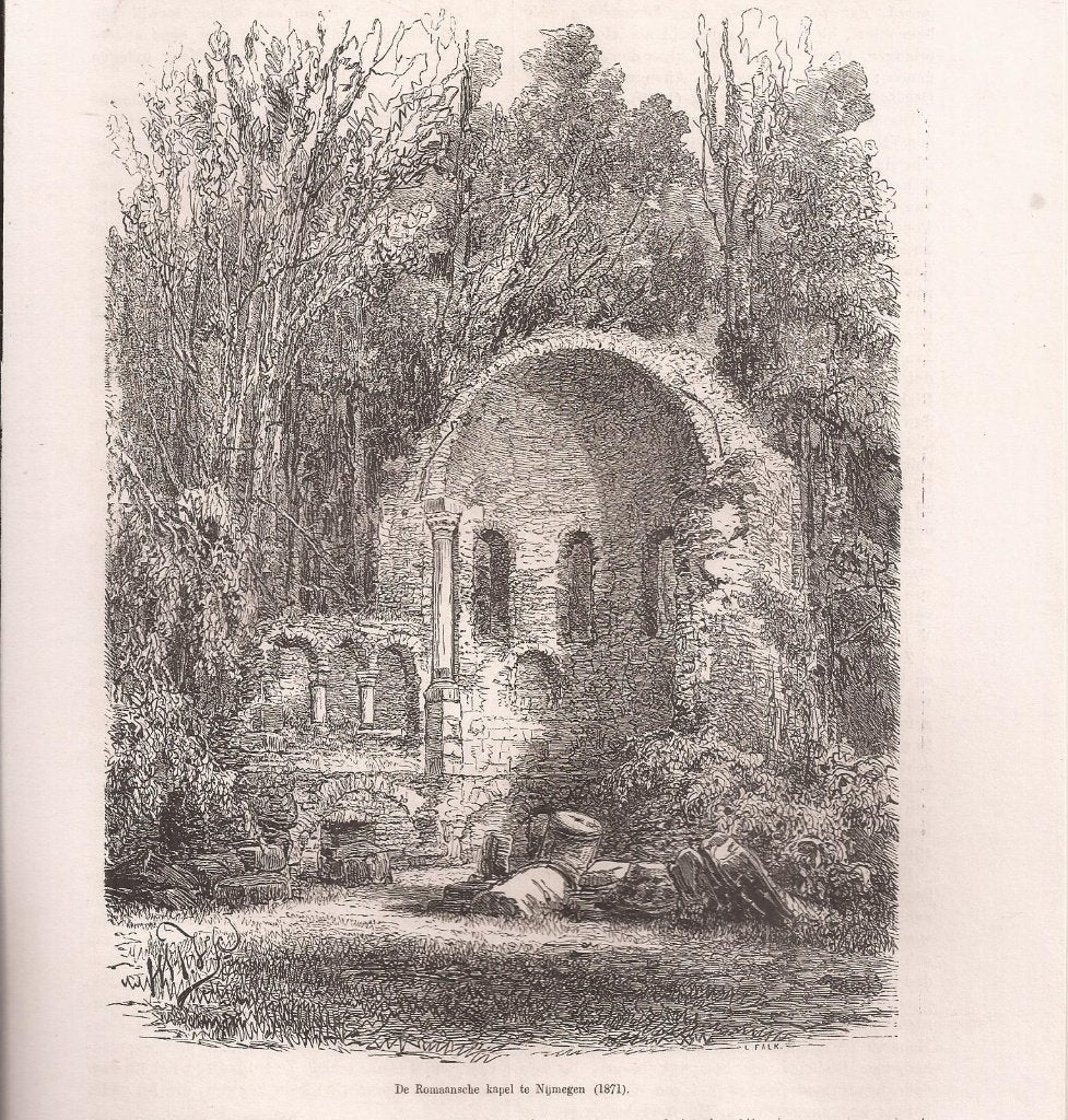 Nijmegen. De Romaansche Kapel te Nijmegen (1871) Houtgravure, Antiek en Kunst, 1800 - 1899, Architectuur, 19 cm, Ophalen of Verzenden