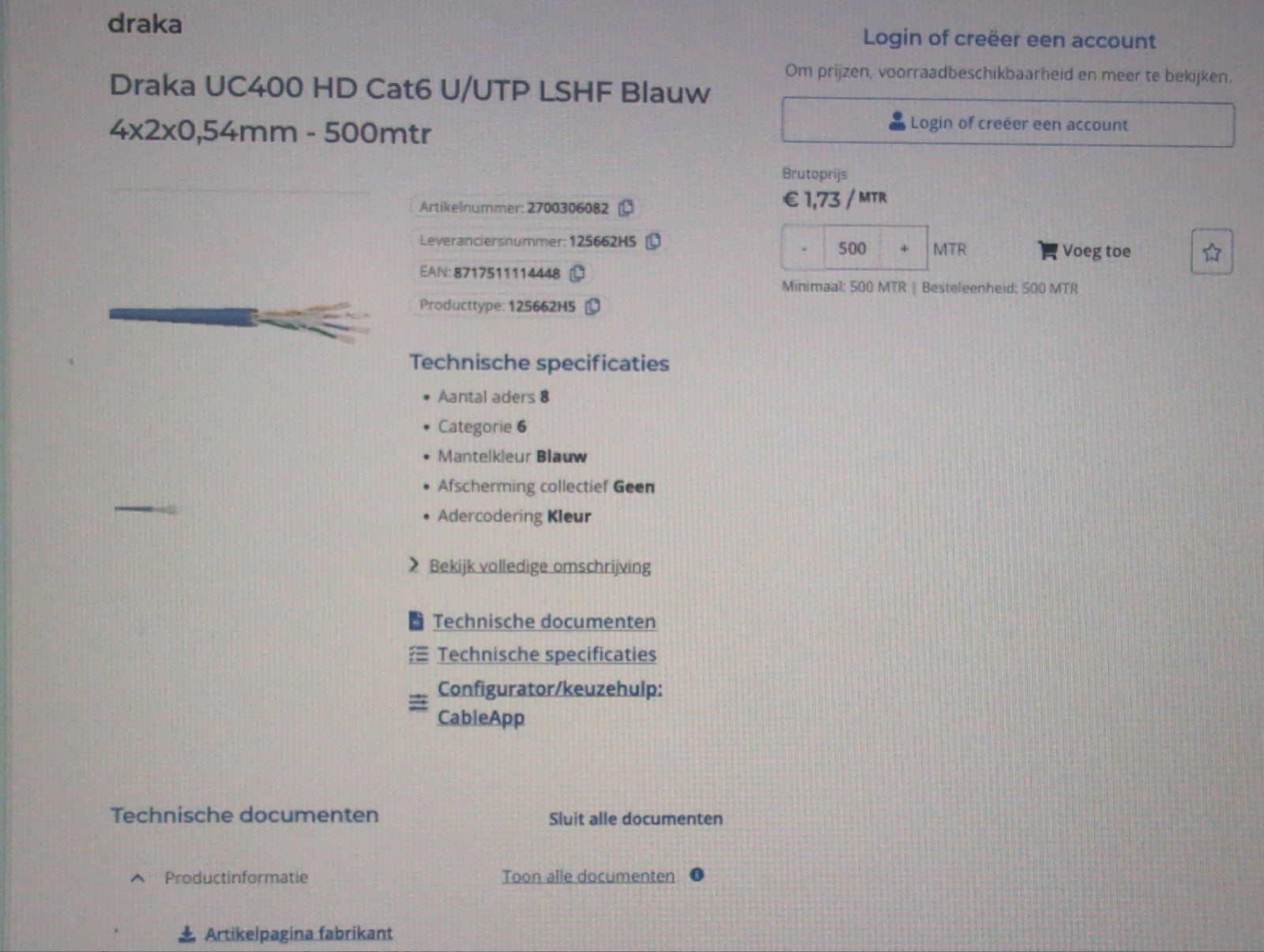 160 meter UTP kabel Cat6 U/UTP Blauw 4x2x0,54, Ophalen, Nieuw