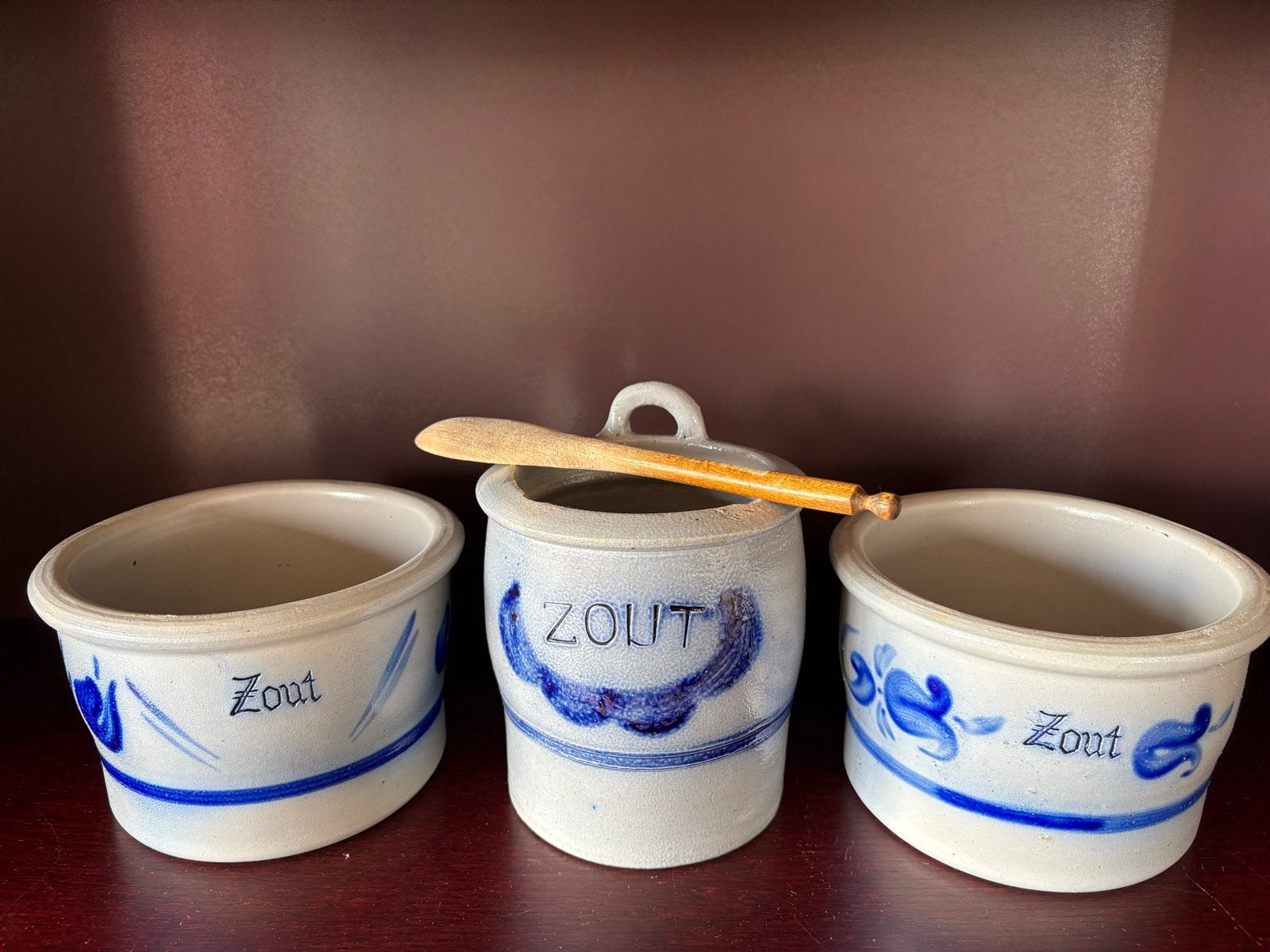 Set van 3 Vintage Zoutpotten met Lepel - Blauw en Wit Kerami, Ophalen of Verzenden