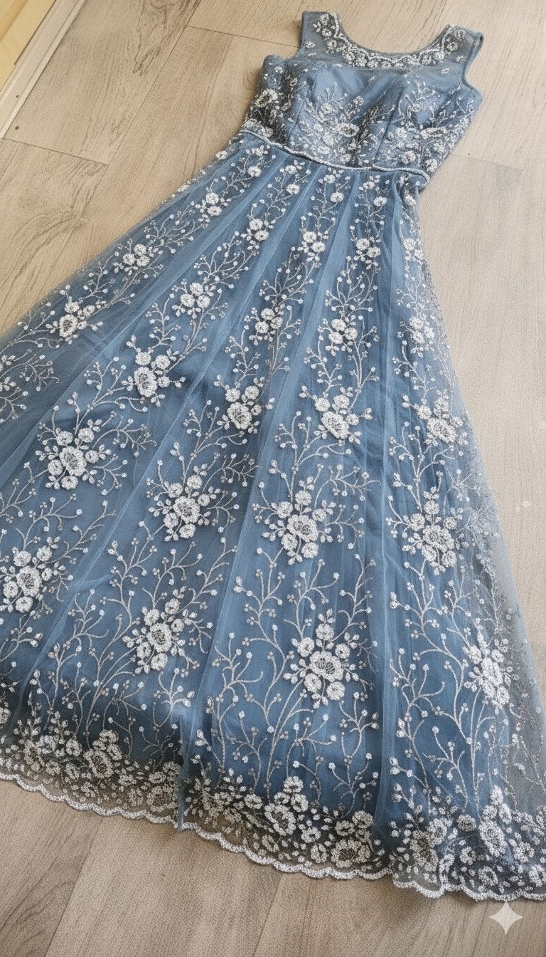 Feestelijke Glimmende Blauwe Jurk Bloemenmotief Maat 38 (, Maat 38/40 (M), Galajurk, Blauw, Nieuw