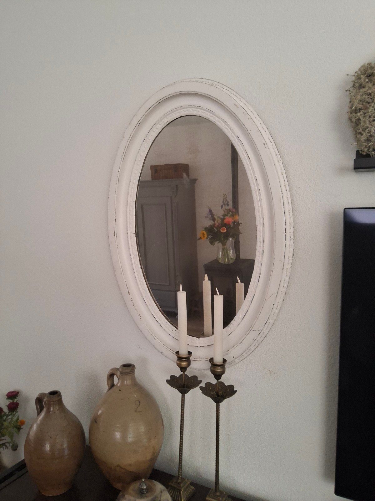 Ovale spiegel met brocante witte lijst, Ophalen, Ovaal, 50 tot 100 cm, 100 tot 150 cm
