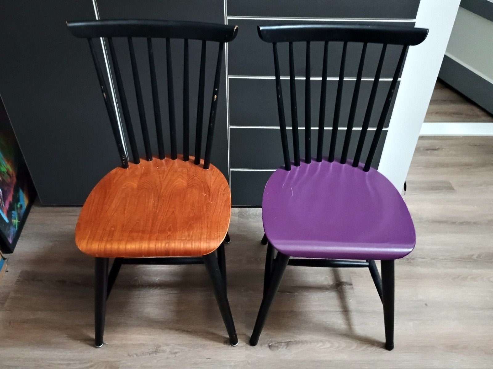 Vintage mid-century spijlenstoelen., Ophalen, Gebruikt, Twee, Zwart