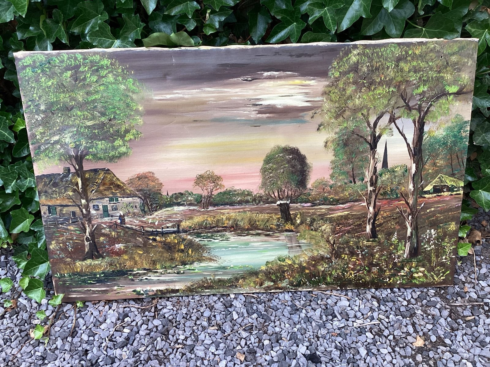 Oud schilderij landschap met boerderij en water, Antiek en Kunst, Kunst | Schilderijen | Klassiek, Ophalen
