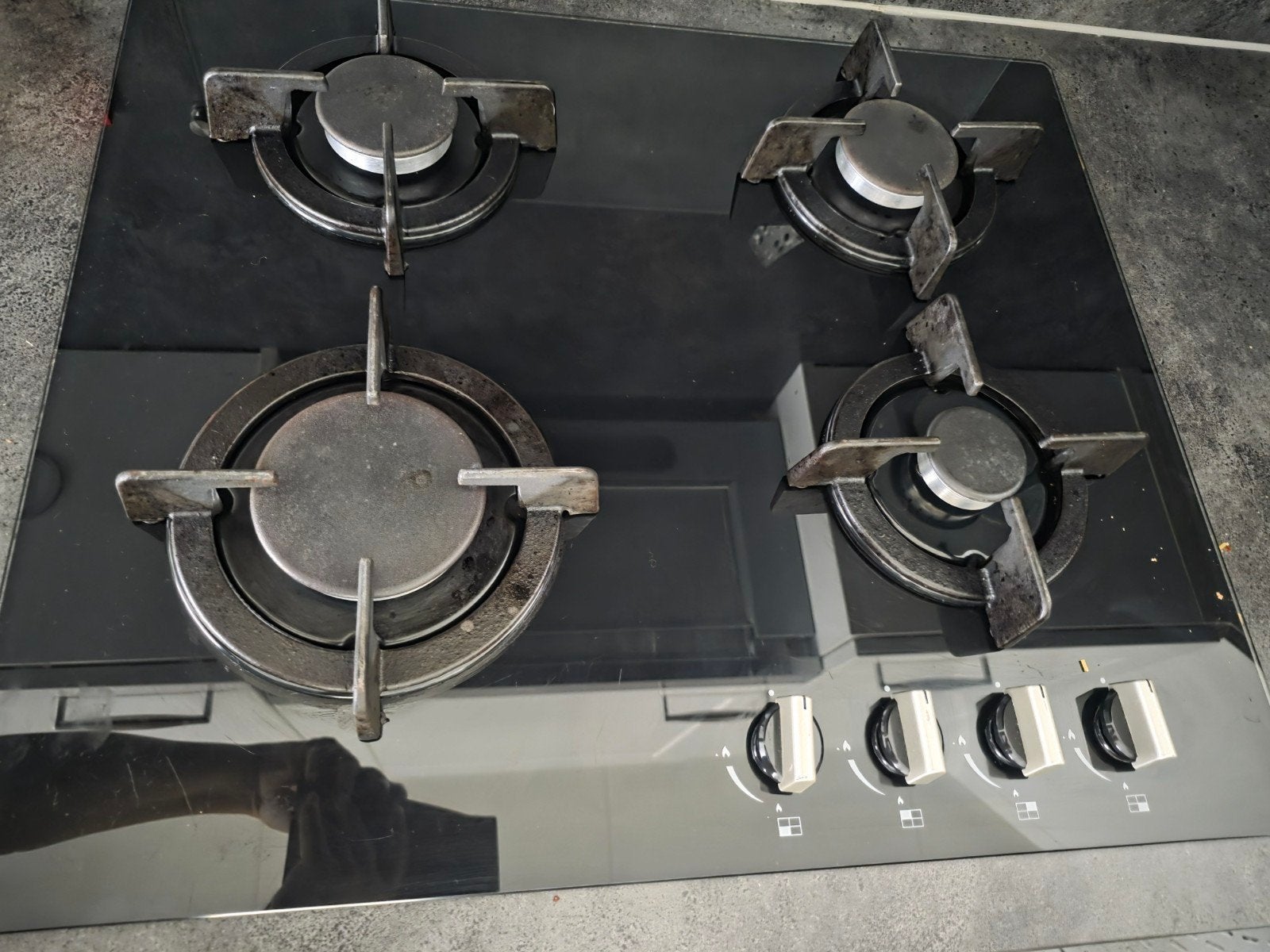 Zwart glazen gaskookplaat met 4 pitten, Witgoed en Apparatuur, Gebruikt, Inbouw, Gas, 4 kookzones