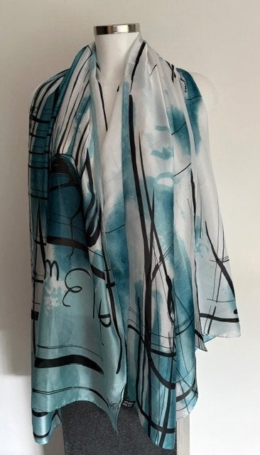 Dames-sjaal 88x175 cm azurblauw-wit print 100 % zijde, Maat 38/40 (M), Verzenden, Sjaal, Onbekend
