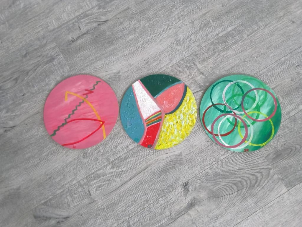 Abstract schilderijtjes in olieverf van ieder 28cm doorsnee, Antiek en Kunst, Ophalen of Verzenden