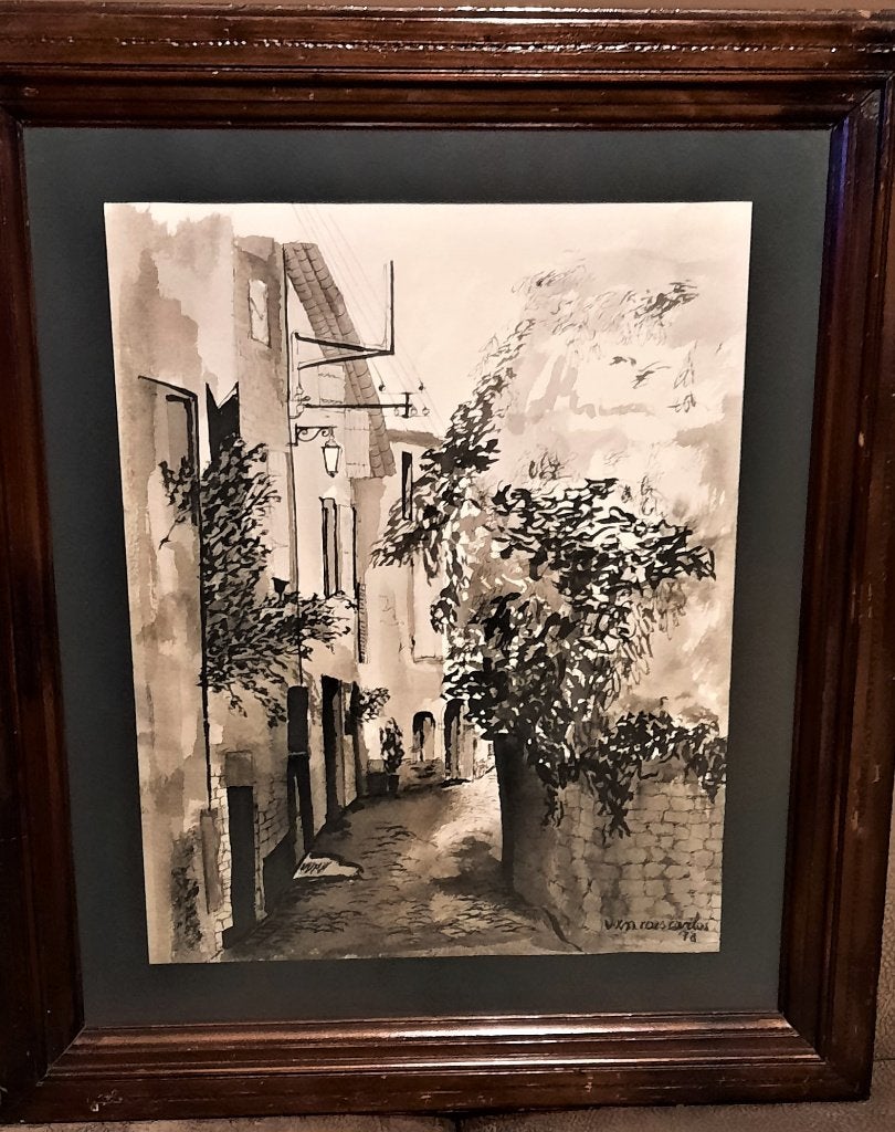 Litho van een romantisch steegje Raes Carlos, Antiek en Kunst, Ophalen of Verzenden, Landschappen, Overige techniek, Gesigneerd
