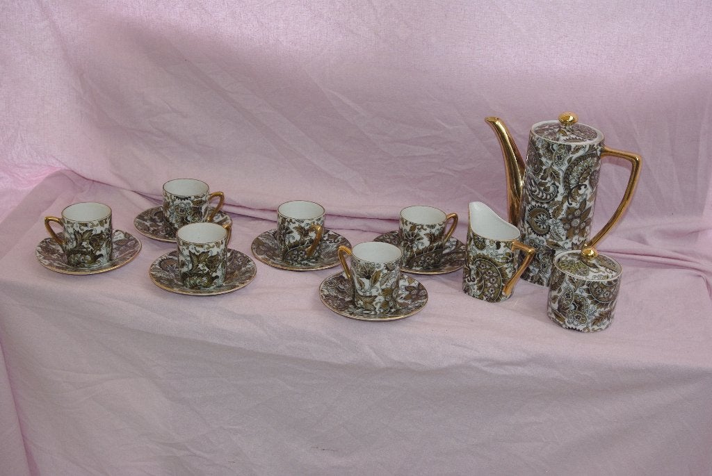 Vintage koffieservies met paisley-patroon en gouden accenten, Ophalen of Verzenden