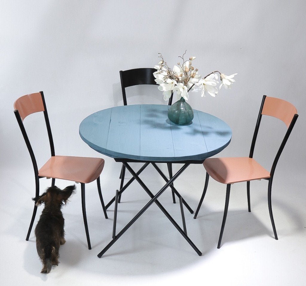 Franse stijl ronde klaptafel bistrotafel vaalblauw, Ophalen, Minder dan 55 cm, Gebruikt, Rond