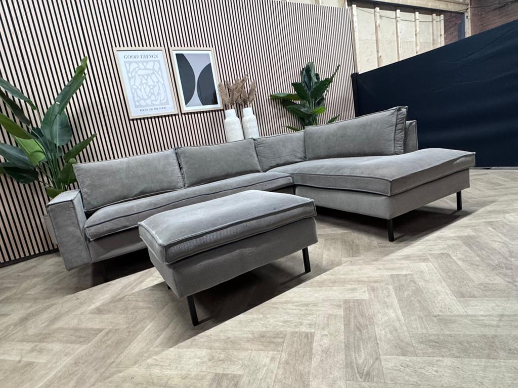 ZGAN Woood Ribstof Hoekbank met Hocker - Grijs - 280 x 195, Huis en Inrichting, 250 tot 300 cm, -, -, Hoekbank