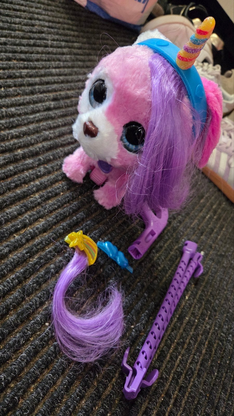 Roze knuffelhondje met paarse manen en eenhoornhoorn, Ophalen, Gebruikt, Overige merken, Overige karakters