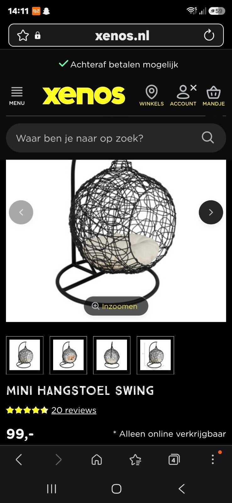 Mini Hangstoel Swing met nieuw kussen, Ophalen, Zwart, Zo goed als nieuw, Metaal