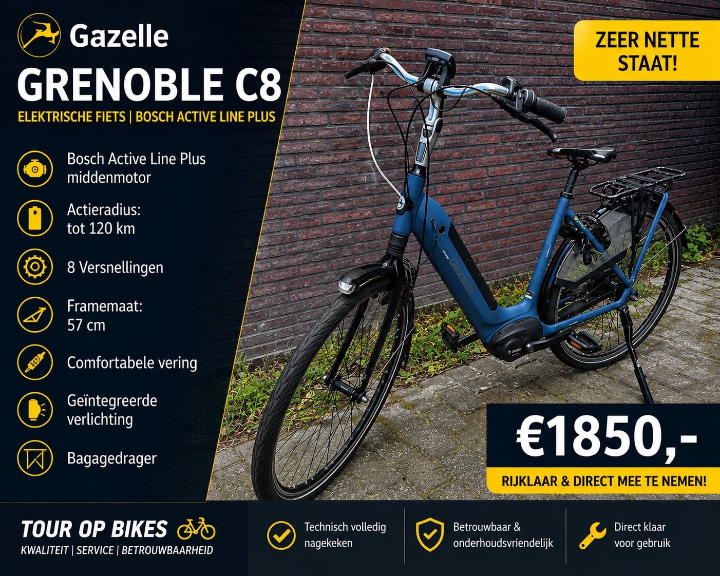 Gazelle Grenoble C8 Bosch Active Line Plus D57 cm E-bike, Fietsen en Brommers, Elektrische fietsen, Ophalen, Gebruikt, 50 km per accu of meer