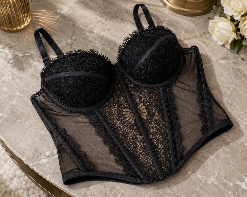 Elegante zwarte corset met kant maat S, Verzenden, Zwart, Body of Korset