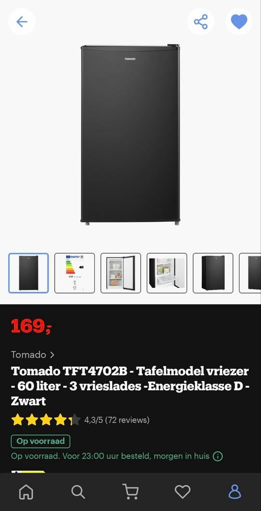 Tomado TFT4702B Tafelmodel vriezer - 60L - ZGAN, Minder dan 60 cm, Ophalen of Verzenden, Zo goed als nieuw, Vrijstaand