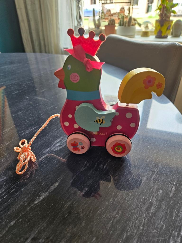 Houten trekspeelgoed kip met kroon, Ophalen, Gebruikt, Duw- of Trekspeelgoed