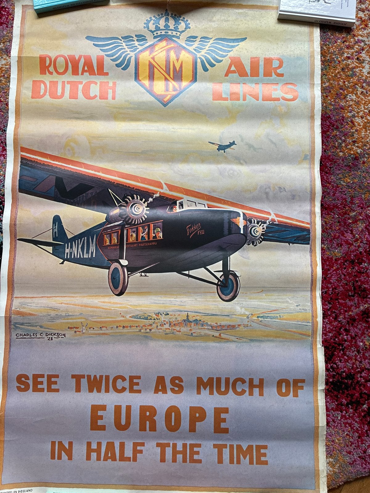 Vintage KLM Royal Dutch Airlines Poster Fokker F.VII, Deurposter of groter, Ophalen of Verzenden, Reclame, Rechthoekig Staand