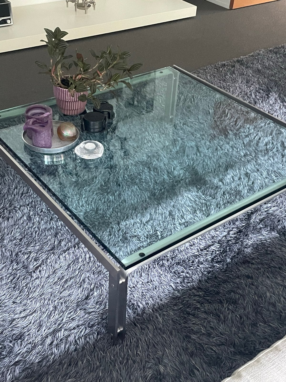 Glazen salontafel met RVS frame (100x100 cm) Metaform M1, Ophalen, Gebruikt, 100 tot 150 cm, Vierkant