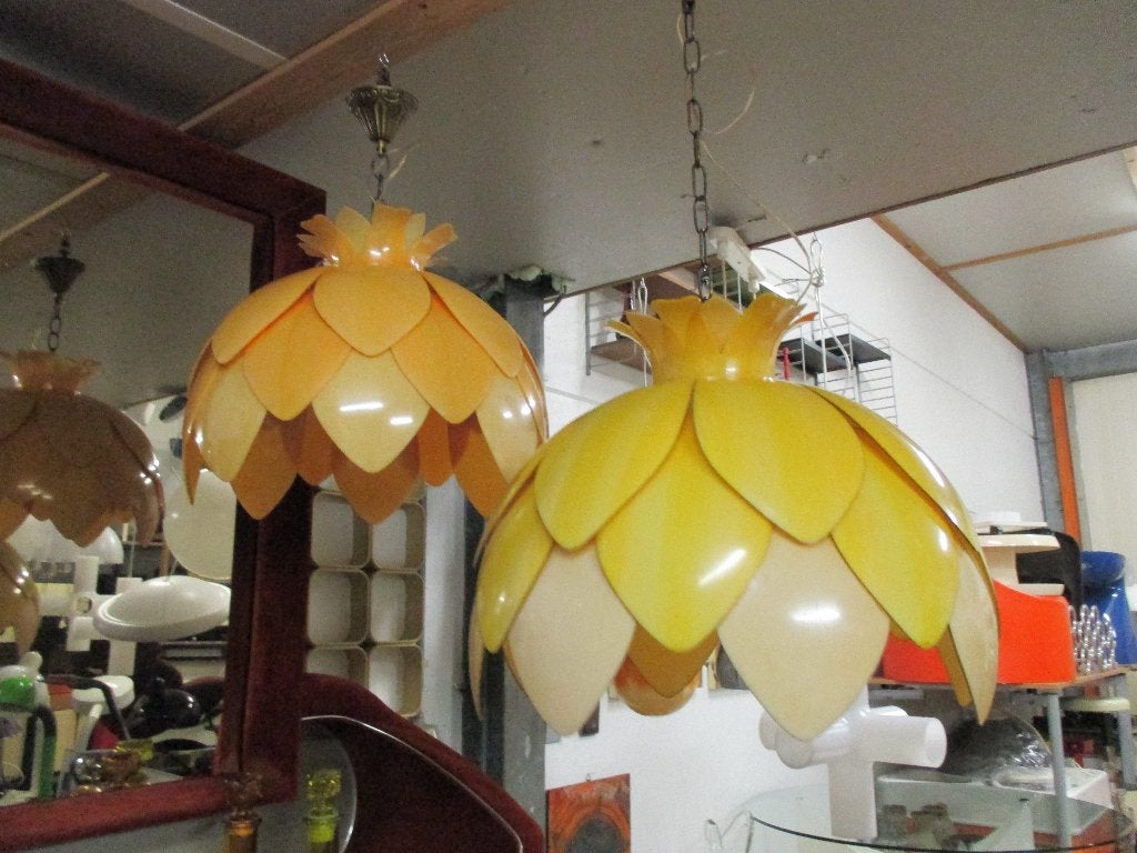 Geel kunststof artisjok hanglamp 40 cm jaren 70 design retro, Kunststof, Gebruikt, Jaren 70 design vintage retro 1970s space age