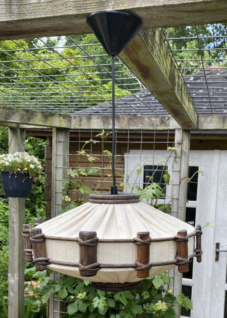 Leuke Bamboe Lamp - vintage retro manou flower power, Gebruikt, Vintage retro, E27 (groot), Hout