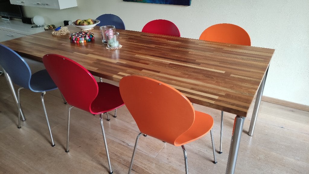 Eetkamerstoelen, 6 stuks (2x paars/2x rood/2x oranje) design, Huis en Inrichting, Stoelen, Ophalen, Gebruikt, Overige kleuren