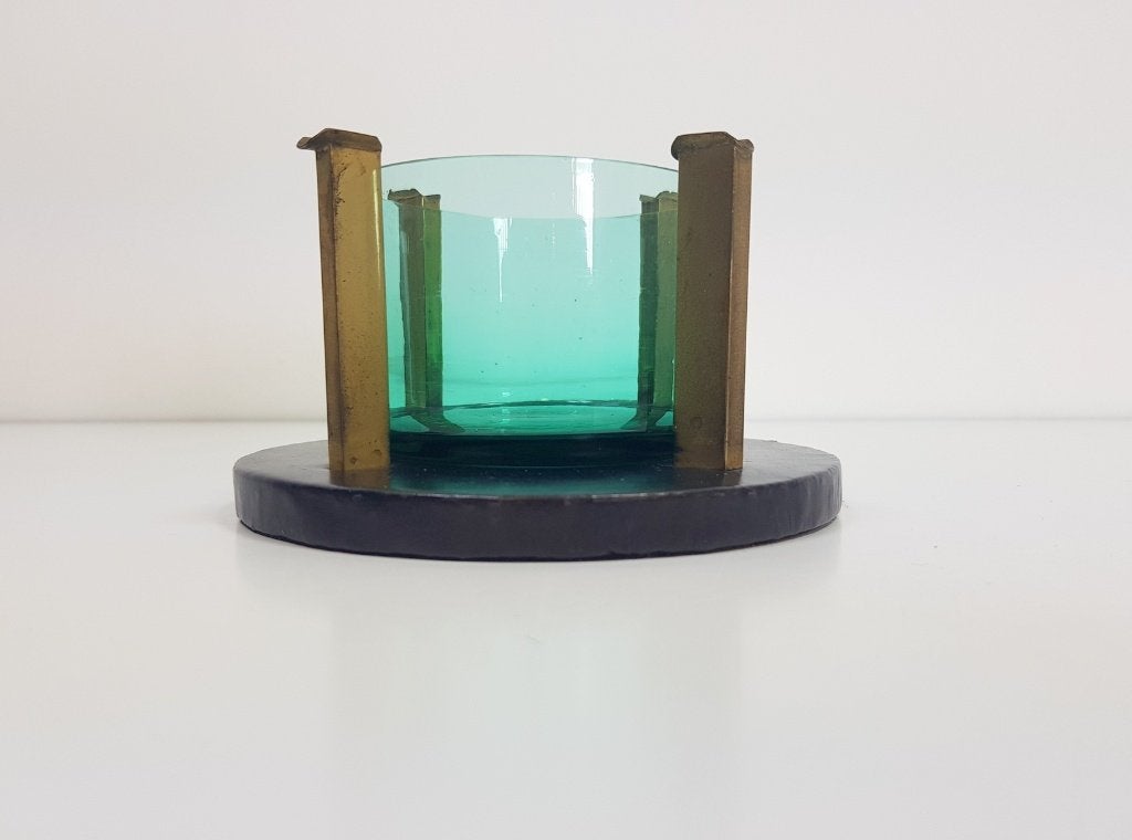 Vintage art deco asbak kristal messing leer mid century, Verzamelen, Ophalen of Verzenden, Zo goed als nieuw, Asbak