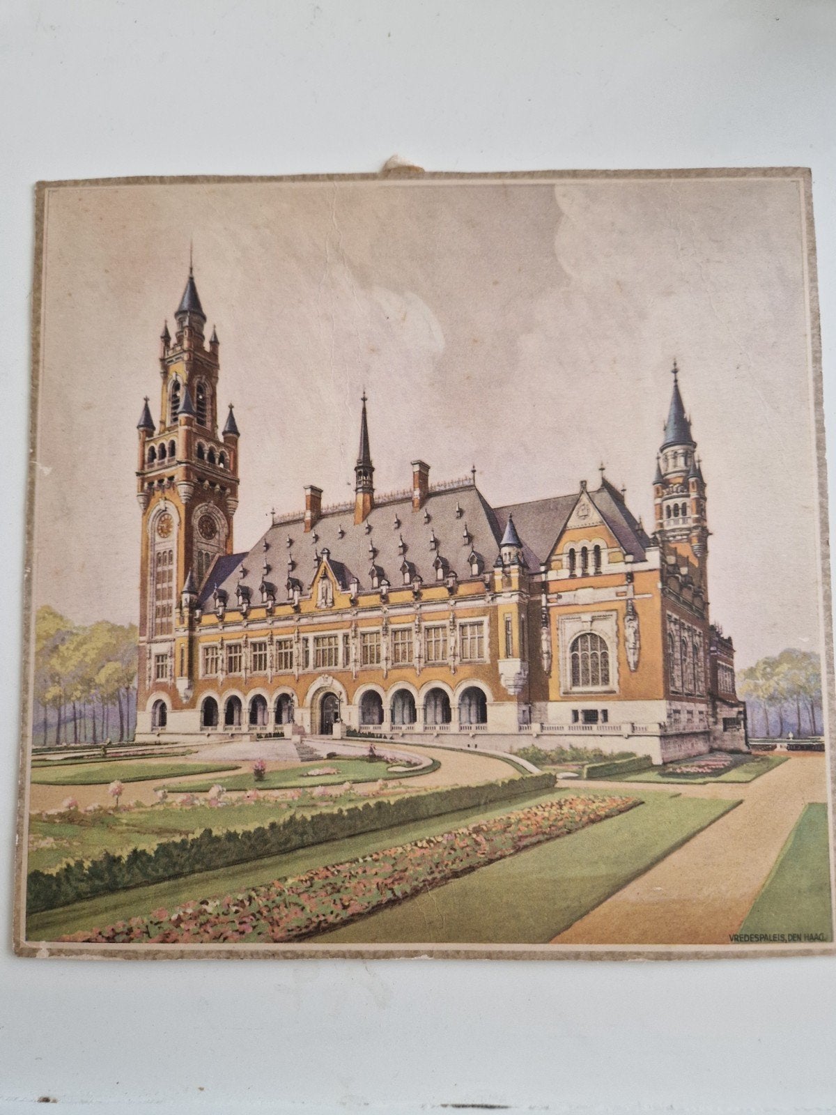 Oude prent Vredespaleis Den Haag, Gebruikt, Ophalen of Verzenden, Gebouw, Voor 1940