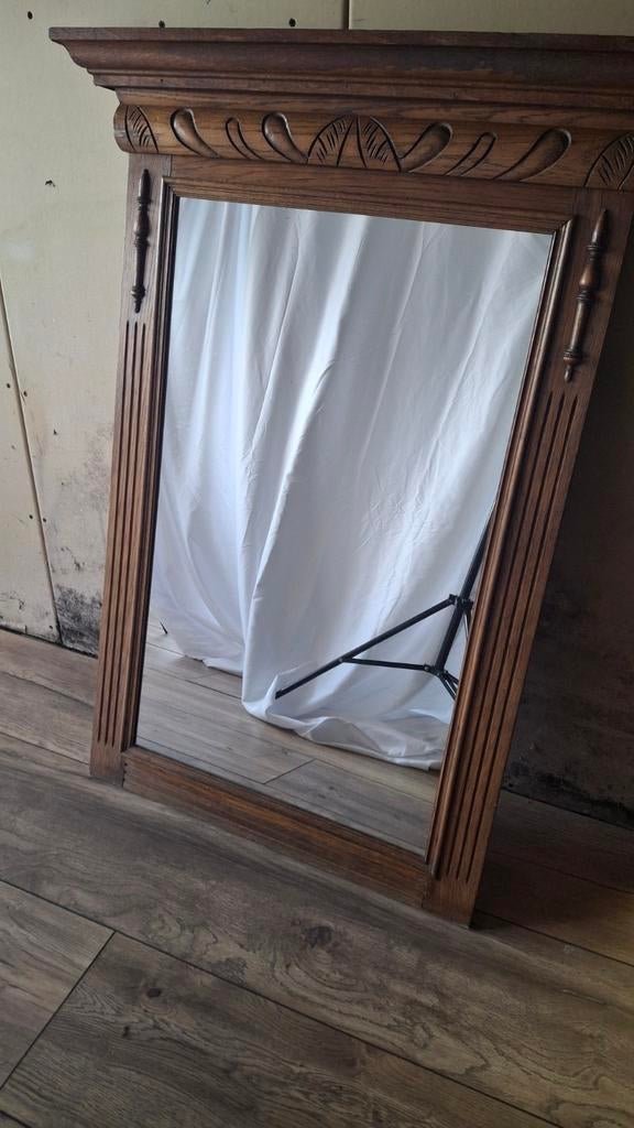 Grote brocante spiegel met houten lijst, Ophalen, Rechthoekig, 50 tot 100 cm, 100 tot 150 cm