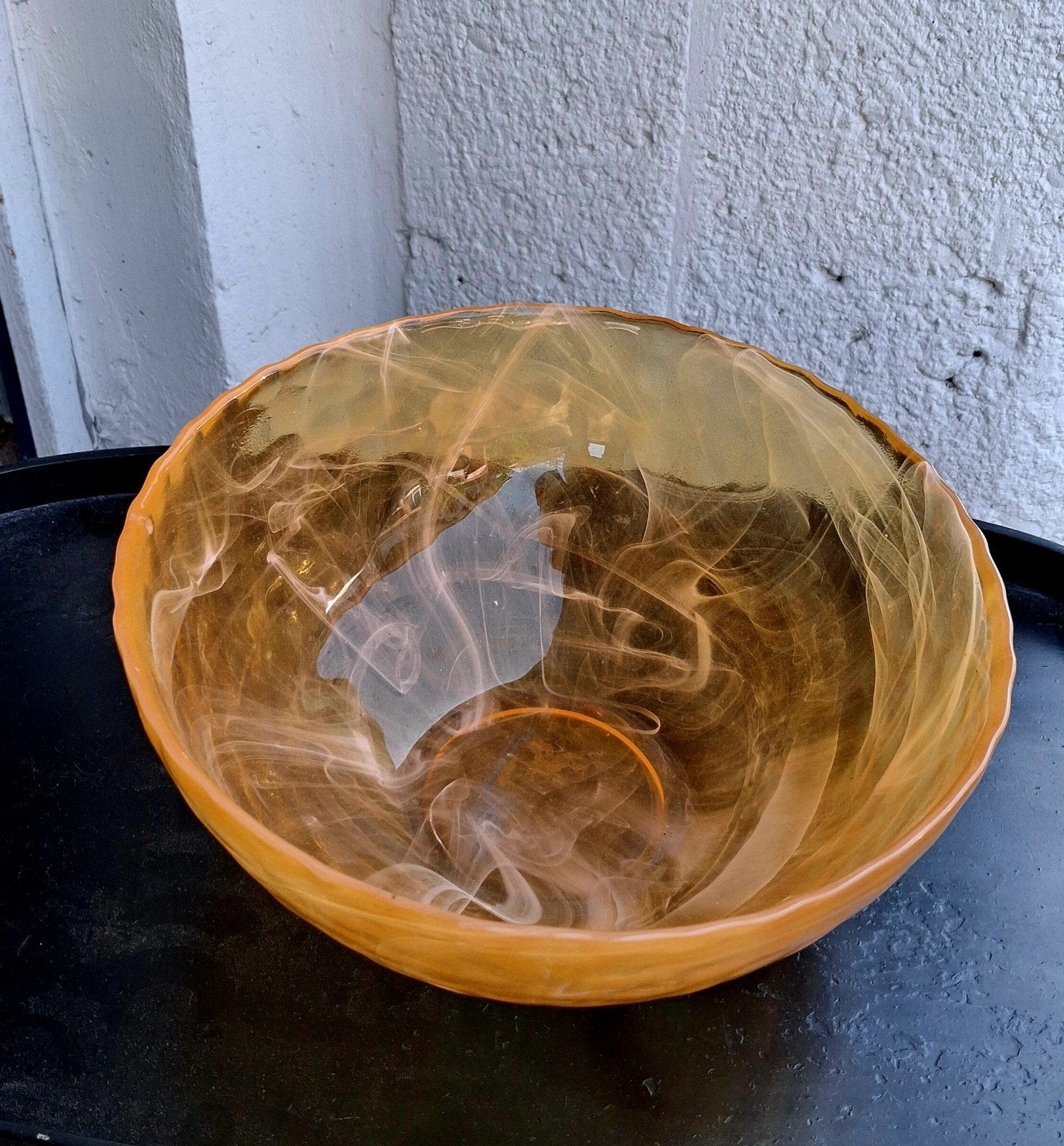 Gele gemarmerde glazen schaal,vintage., Antiek en Kunst, Antiek | Glas en Kristal, Ophalen of Verzenden